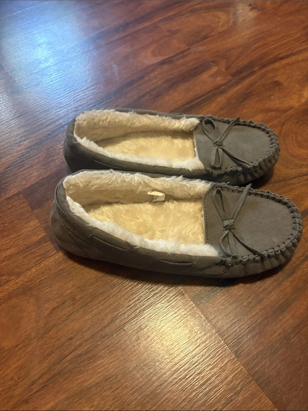 Faux-Suede Cozy Moccasin Slippers in Gray